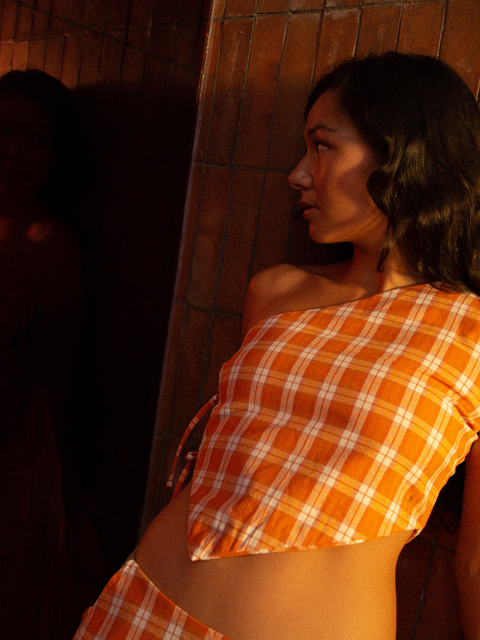 Kiki Orange Check One Shoulder Top